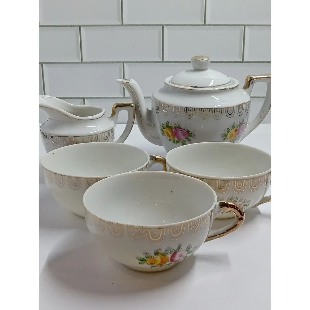 Vintage Japanese Porcelain Floral Tea Set Teapot Creamer 3 Cups Gold Trim White